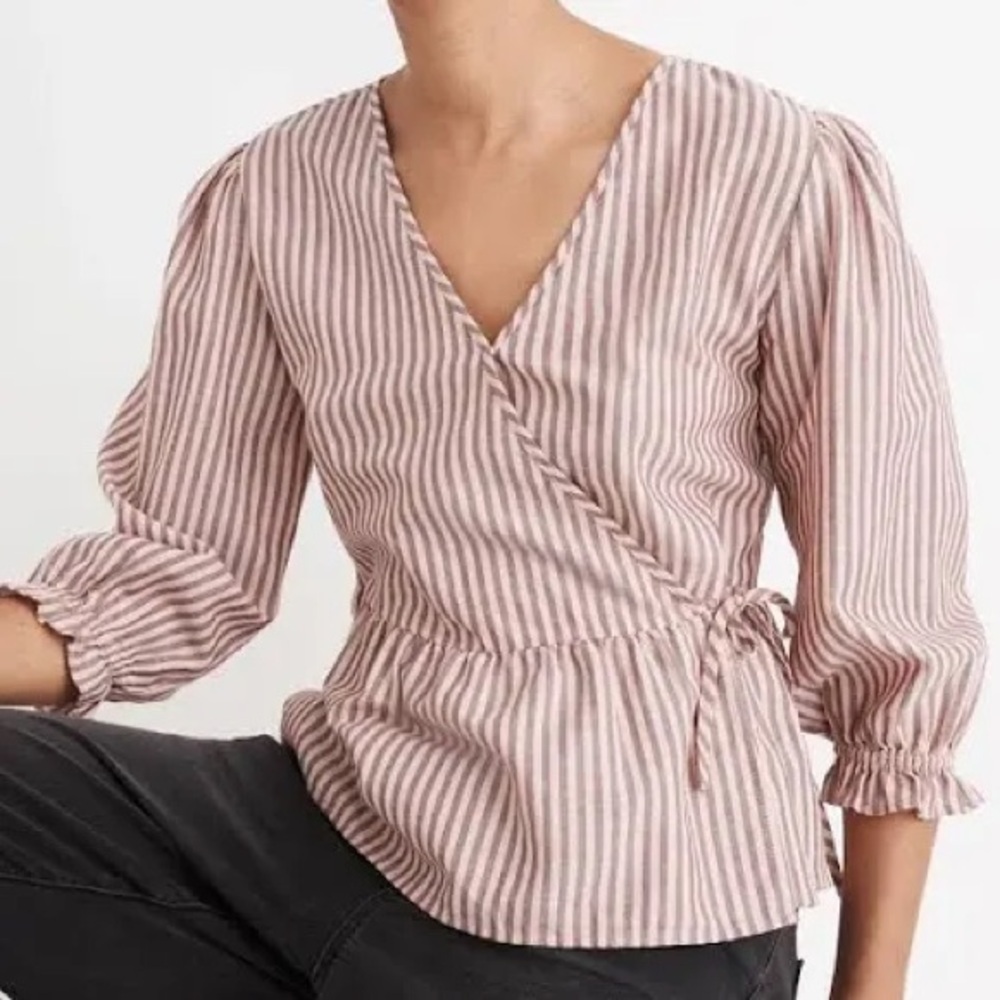 Madewell Stripe Wrap Blouse Puff Sleeve Cotton Puff Sleeve 3/4 Sleeve Small